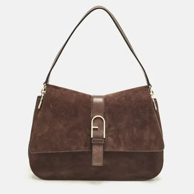 Pre-owned Furla Flow Dark Brown Leather And Suede Shoulder Bag