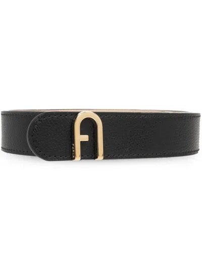 Furla Flow Logo-buckle Leather Belt In Black