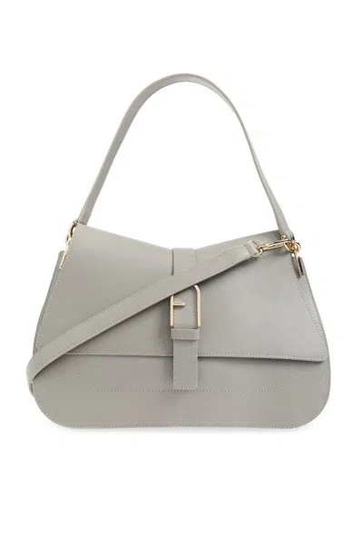 Furla Flow Logo Plaque Large Tote Bag In Grey