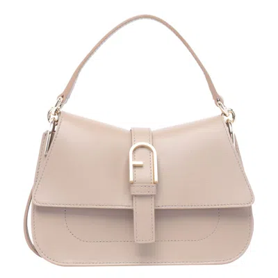 Furla Flow Logo Plaque Tote Bag In Beige