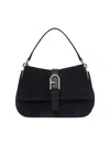Furla Flow Mini Structured Rectangular Suede Shoulder Bag In Black