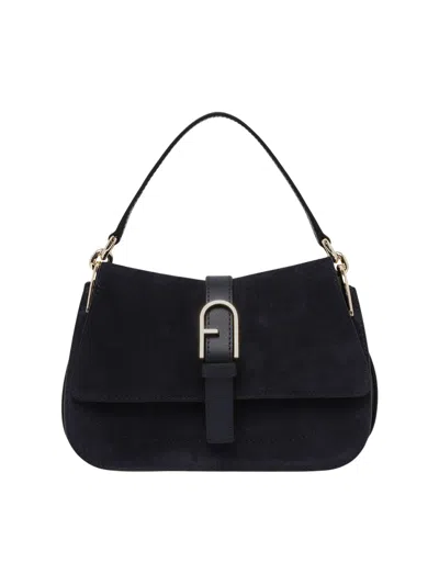 Furla Flow Mini Structured Rectangular Suede Shoulder Bag In Black