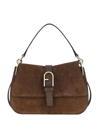 Furla Flow Mini Suede-leather Handbag In Brown