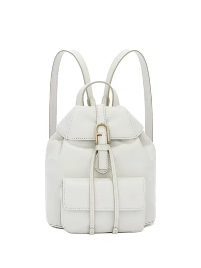 Furla Flow Mini White Leather Backpack In Marshmallow