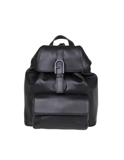 Furla Small Flow Leather Backpack In Nero