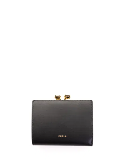 Furla Dots S Compact Wallet In Black Leather - Ten Internal Credit Card Slots - Internal Bill