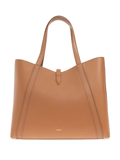 Furla Goccia Leather-panelled Clasp Tote Bag In Brown