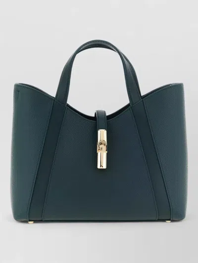 Furla Goccia Small Grained Leather Tote Bag By With Snap Closure In Blue