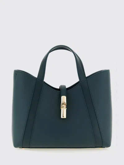 Furla Goccia Small Grained Leather Tote Bag By With Snap Closure In Blue