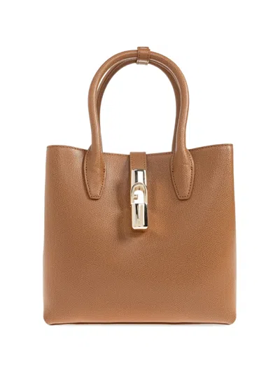 Furla Goccia Top-handle Lock Leather Small Tote Bag In Brown