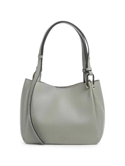 Furla Nuvola Grained Cowhide Leather Shoulder Bag With Double Adjustable Handles In Gray