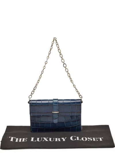Pre-owned Furla Greta Croc-embossed Chain Clutch Bag In Blue