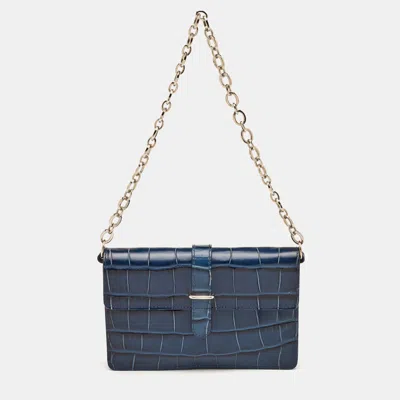 Pre-owned Furla Greta Navy Blue Croc Embossed Leather Chain Clutch