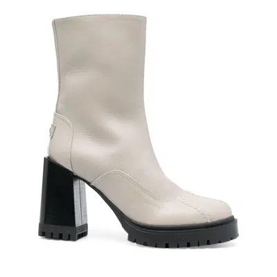 Furla Grey Climb Mid Chunky Block Heel Zipper Leather Ankle Boots In White