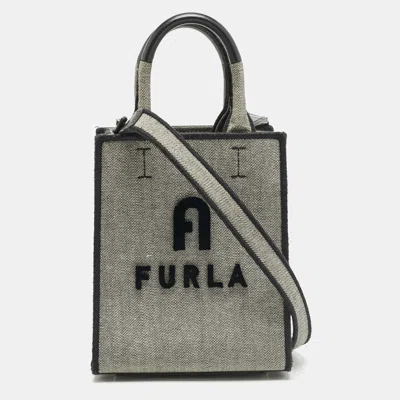 Pre-owned Furla Grey/black Canvas And Leather Mini Varsity Style Tote