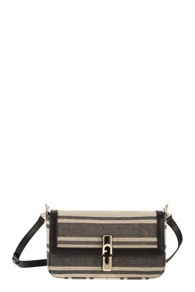 Furla Iride Borsa A Tracolla S Toni Indigo Tessuto Canvas A Righe + Pelle Di Vitello Sidney Donna In Black