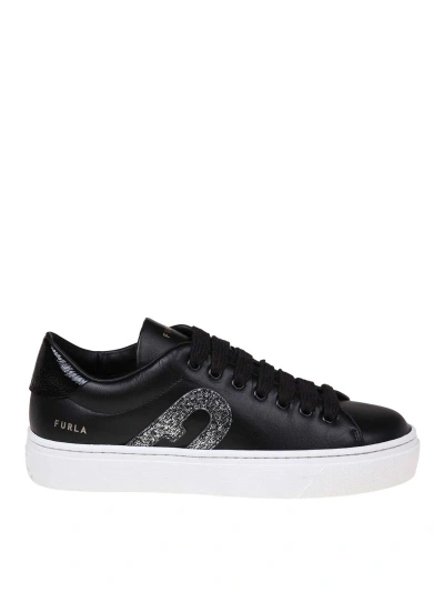 Furla Joy Lace Up Trainer In Black Leather