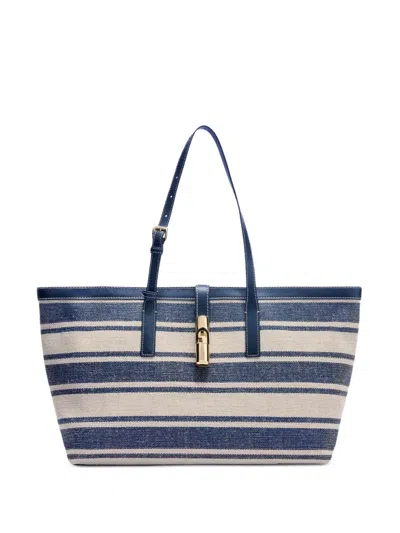 Furla Large Debby Striped Tote Bag In Blue