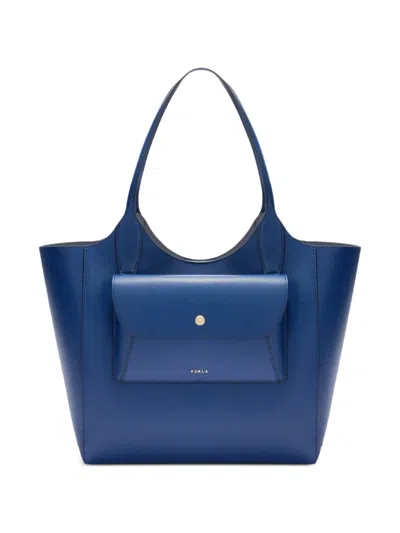 Furla Lea M Flap Leather Tote Bag In Blue