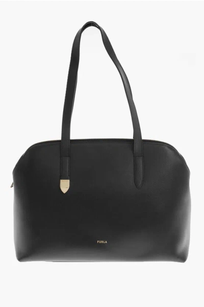 Furla Leather Block Tote Bag With 3 Compartment In Black
