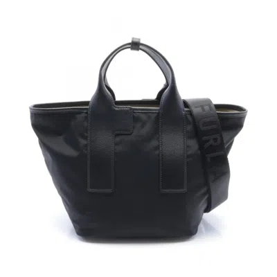 Furla Leather Nylon Canvas Handbag In Black