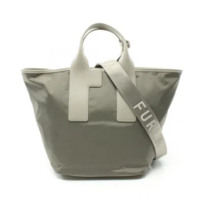 Furla Leather Nylon Canvas Tote Bag In Beige, Green
