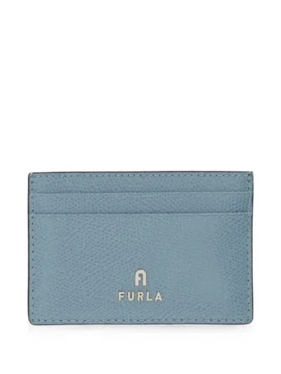 Furla Logo-plaque Grained Leather Card Holder In Blue