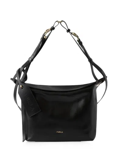 Furla Logo-plaque Leather Shoulder Bag In Black