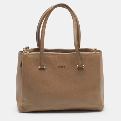 Pre-owned Furla Lotus Double Zip Medium Beige Leather Tote In Sand