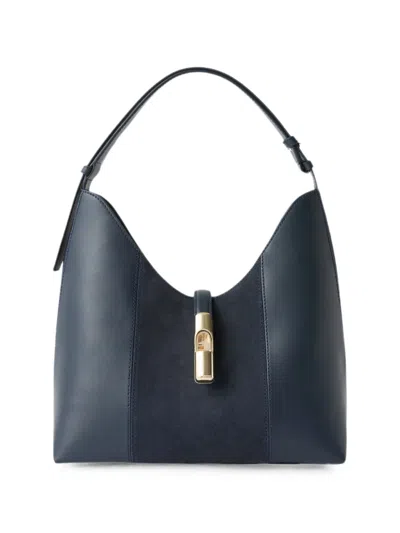 Furla Goccia Flared Suede And Smooth Leather Shoulder Bag In Blue