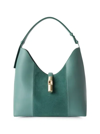 Furla Medium Suede-panelled Shoulder Bag In Green