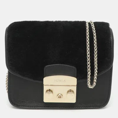 Pre-owned Furla Metropolis Mini Black Faux Fur And Leather Chain Crossbody Bag