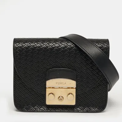 Pre-owned Furla Metropolis Mini Black Woven Embossed Leather Crossbody Bag