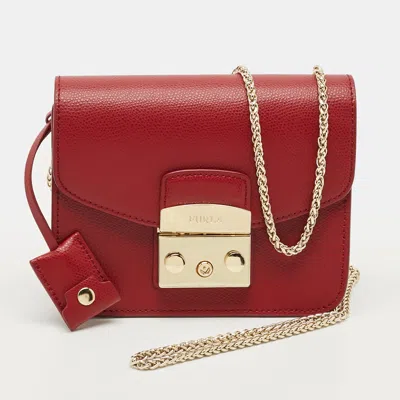 Pre-owned Furla Metropolis Mini Burgundy Leather Flap Shoulder Bag