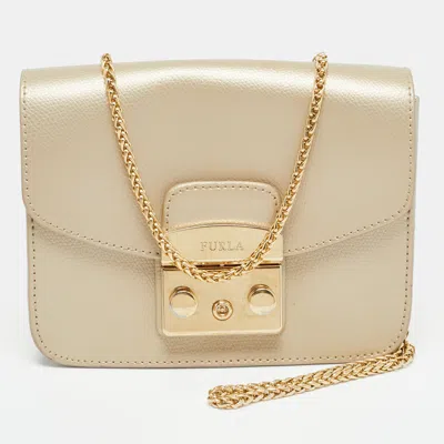 Pre-owned Furla Metropolis Mini Metallic Beige Leather Crossbody Bag In Sand