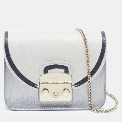 Pre-owned Furla Metropolis Mini Silver/offwhite Leather Flap Shoulder Bag
