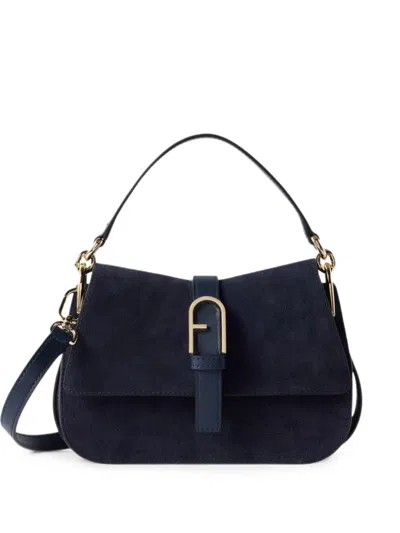 Furla Mini Logo-plaque Suede Tote Bag In Blue