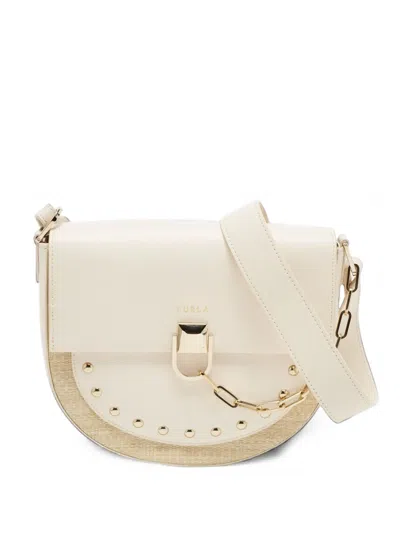 Pre-owned Furla Miss Mimi Leather Raffia Shoulder Bag In Neutrals