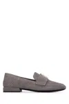 Furla Suede Square Toe Loafers With Metallic Stitching