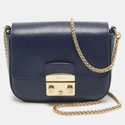 Pre-owned Furla Navy Blue Leather Mini Metropolis Chain Crossbody Bag