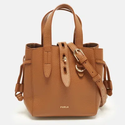 Pre-owned Furla Net Mini Cognac Leather Tote In Brown