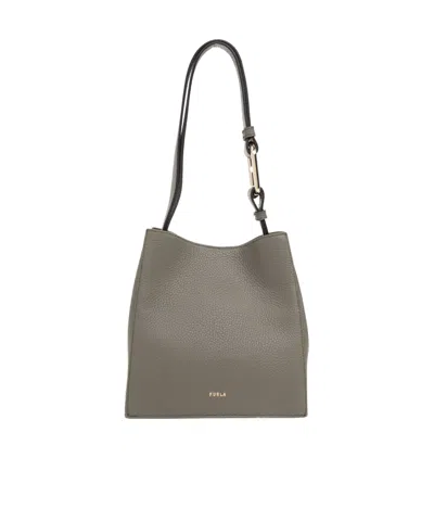 Furla Nuvola Logo Printed Mini Bucket Bag In Gray