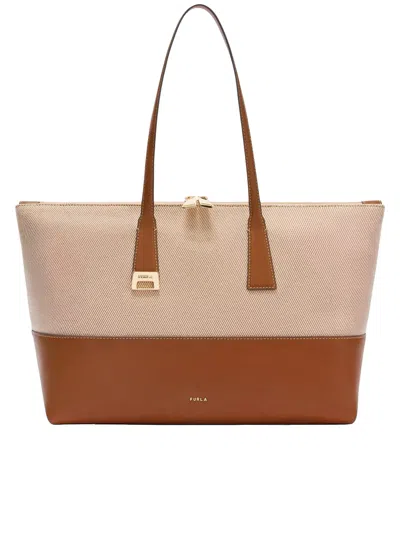 Furla Olivia L Tote Beige Cotton Leather Tote In Brown