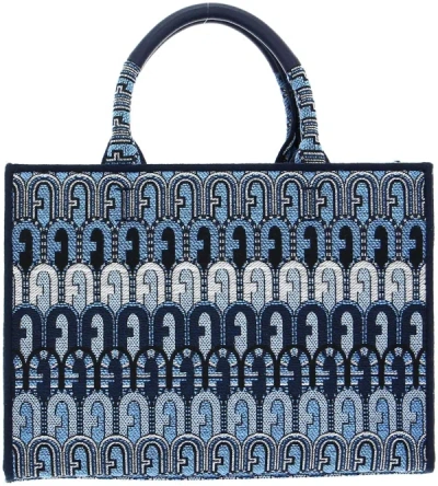 Furla Opportunity L Tote Bag In Jacquard Fabric In Blue