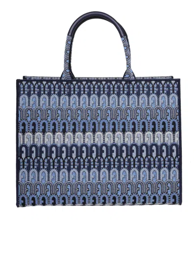 Furla Opportunity L Shoppinh Bag In Jacquard Fabric In Denim