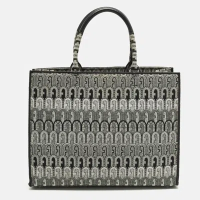 Pre-owned Furla Opportunity Large Black/grey Printed Jacquard Fabric Opportunity Tote