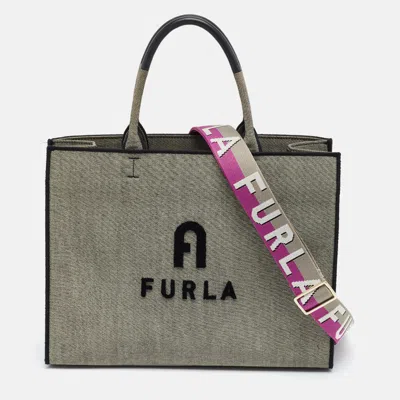 Pre-owned Furla Opportunity Logo Large Grey/black Fabric And Leather Shopper Tote In Gray
