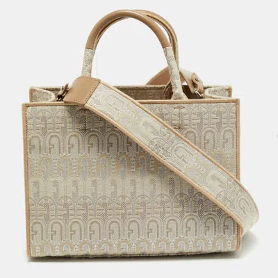 Pre-owned Furla Opportunity Small Jacquard Fabric Tote In Sand