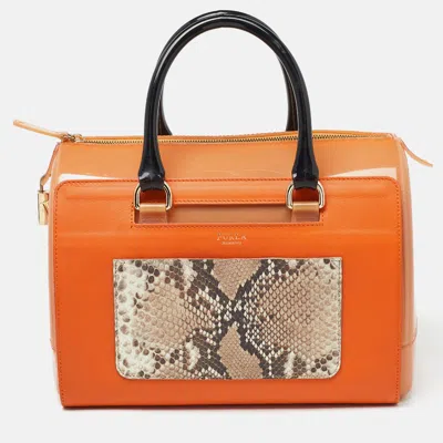 Pre-owned Furla Orange/brown Rubber And Snakeskin Embossed Leather Candy Satchel