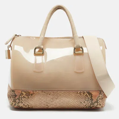Pre-owned Furla Peach Python Embossed Leather And Rubber Candy Boston Bag